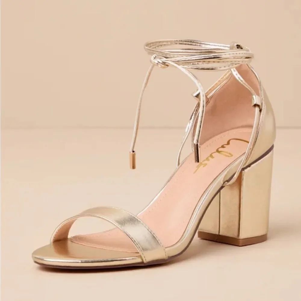 Lulus KAIRA Metallic Gold Open Toe Cord Wrap Ankle Tie Block Heel Sandals